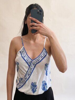 White & Blue Embroidered Cami Top | Boho Wrap Style | S